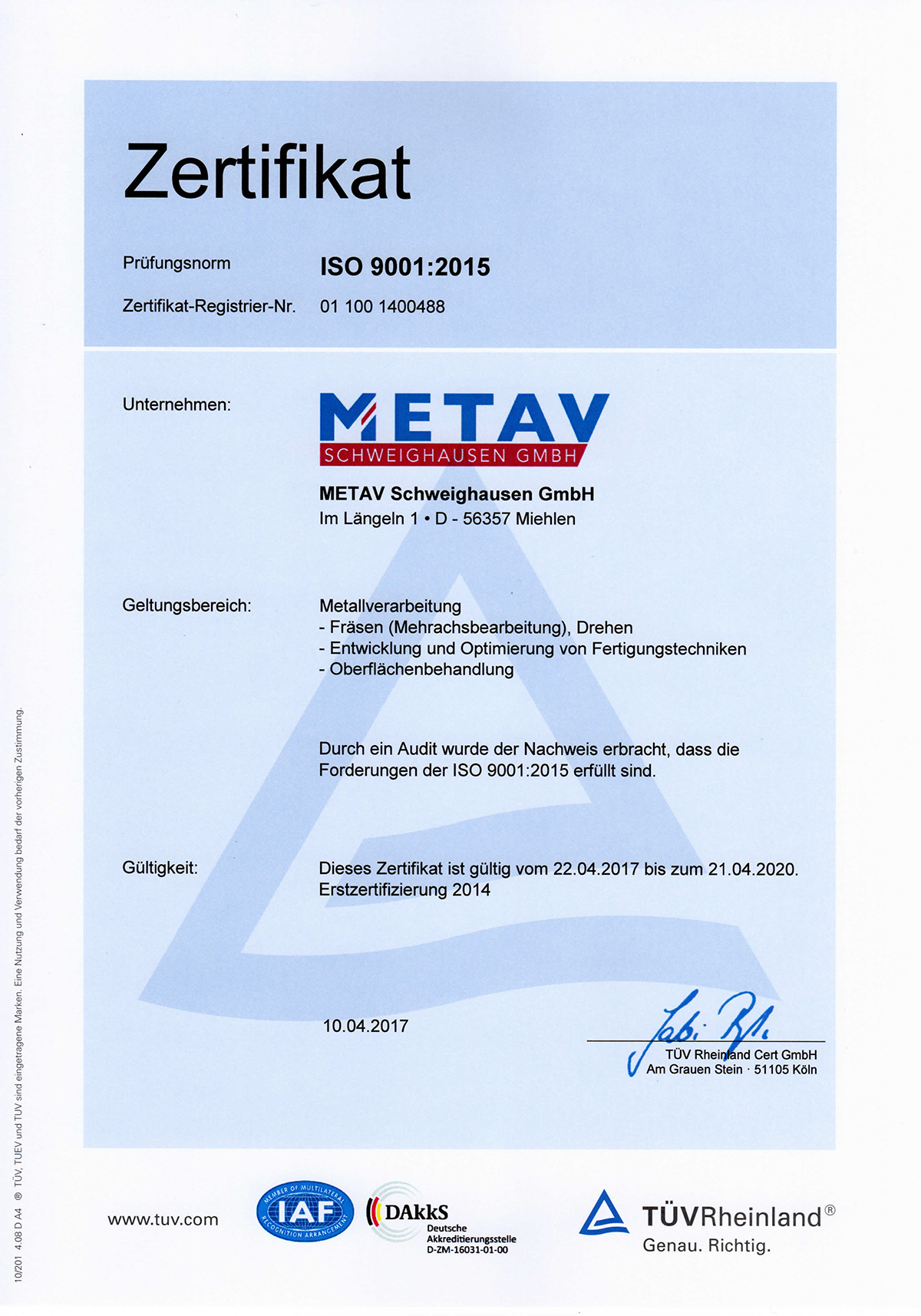 TÜV-Zertifikat DIN EN ISO 9001:2015