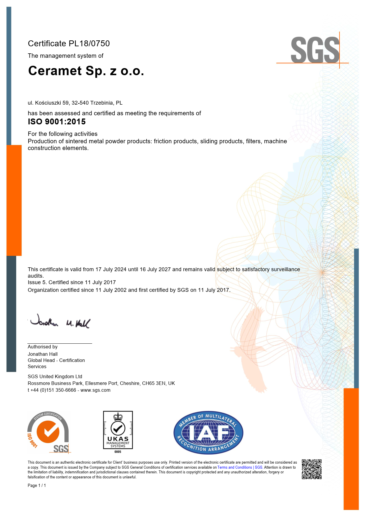 ISO 9001:2015 Zertifikat (SGS)