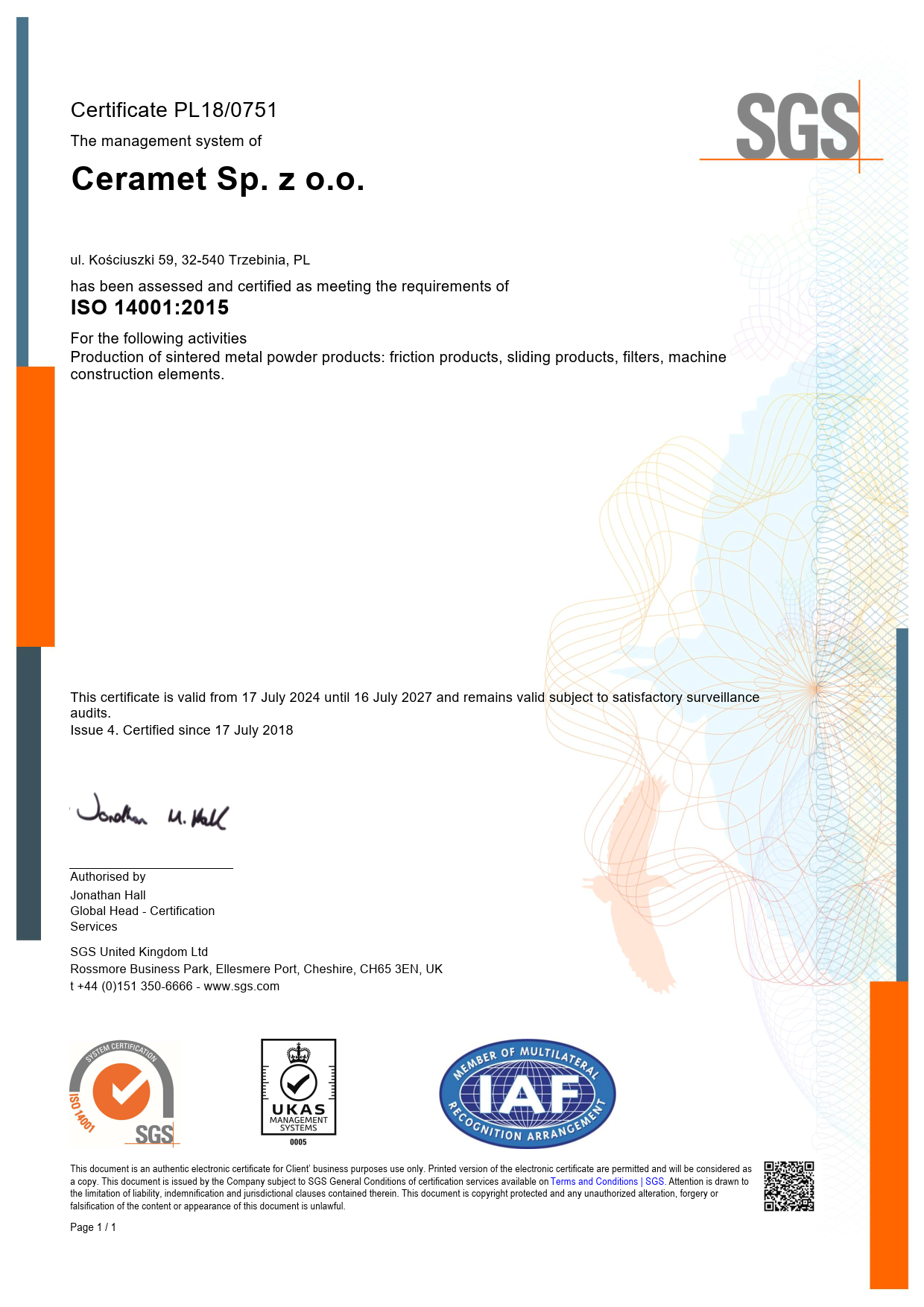 ISO 14001:2015 Zertifikat (SGS)