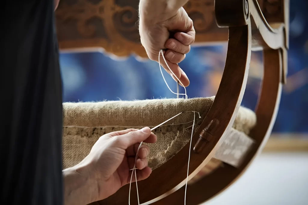 Handwork: stitching jute fabric to a chair frame