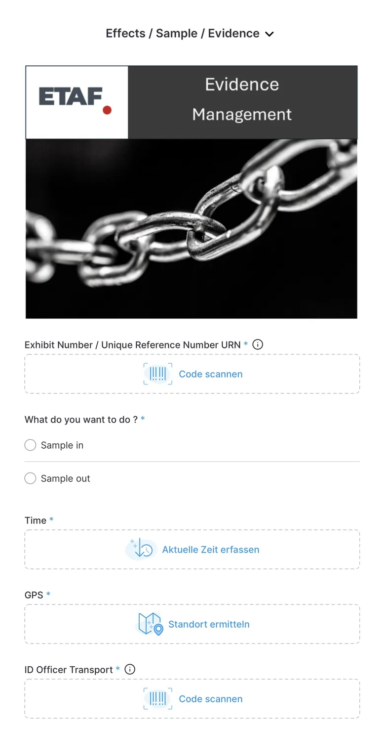 Atlas App: Chain of Custody mit Referenznummer, Zeit, GPS und Beamten