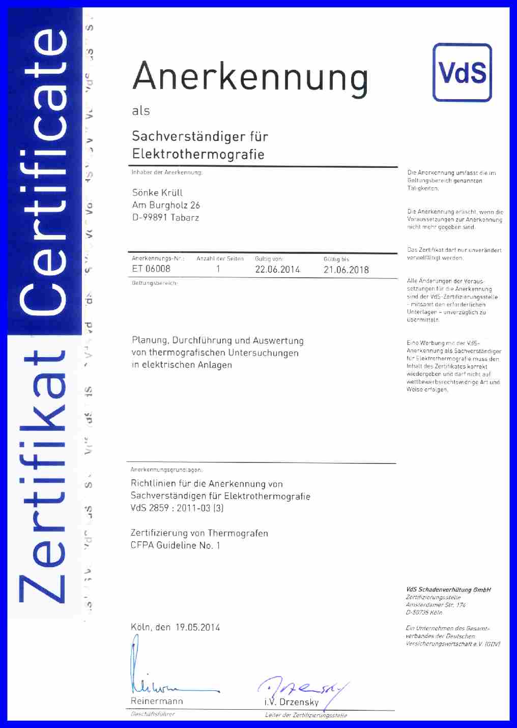 VdS-Zertifikat Elektrothermografie