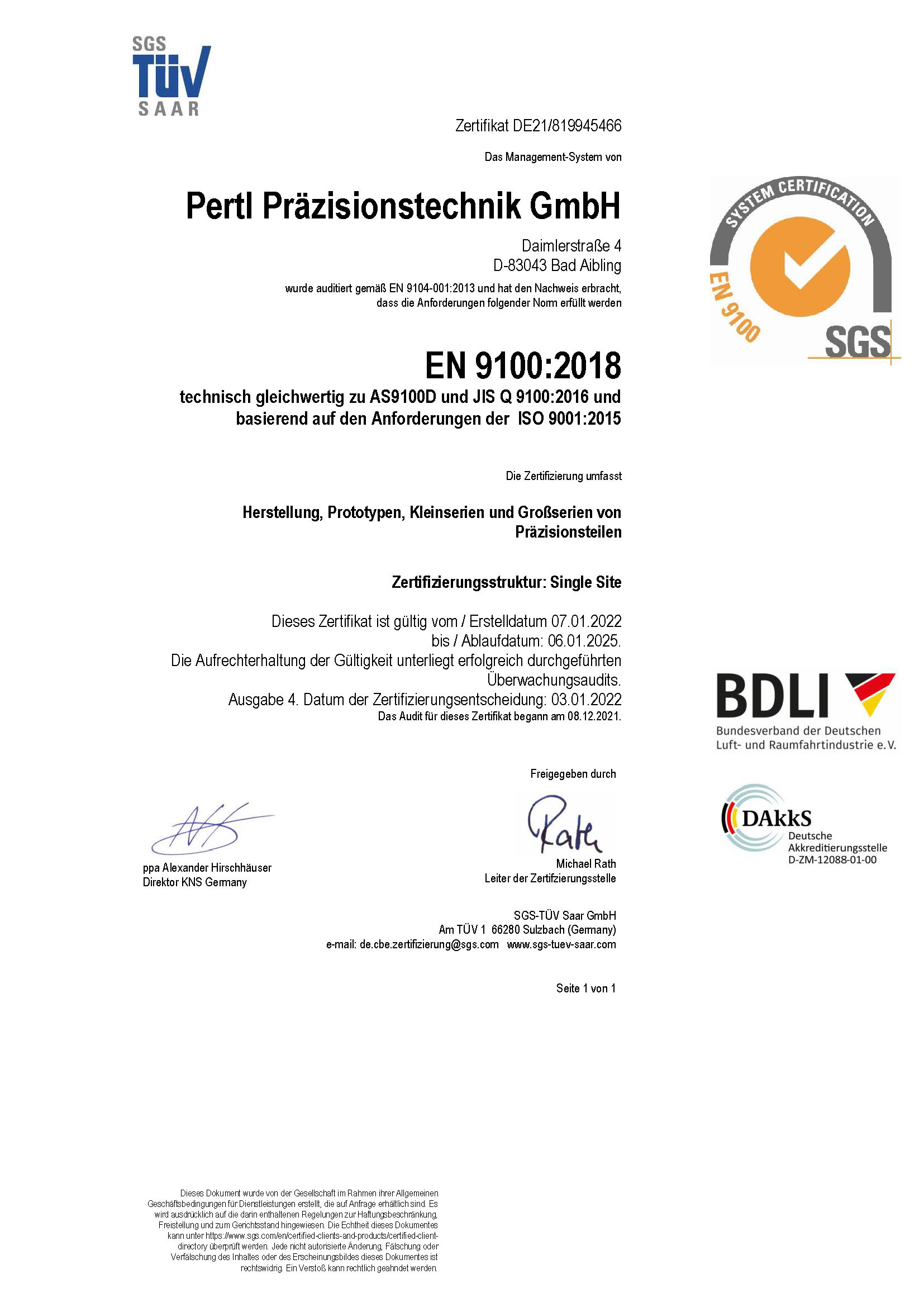 Zertifikate ISO 9001 und EN 9100