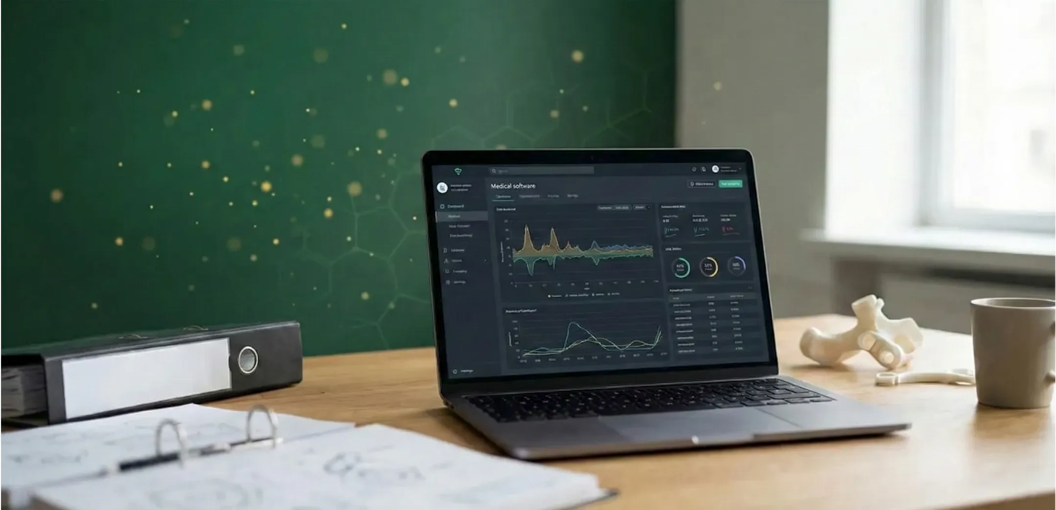 Arbeitsplatz mit medizinischer Software, Dokumentation und Knochenmodellen