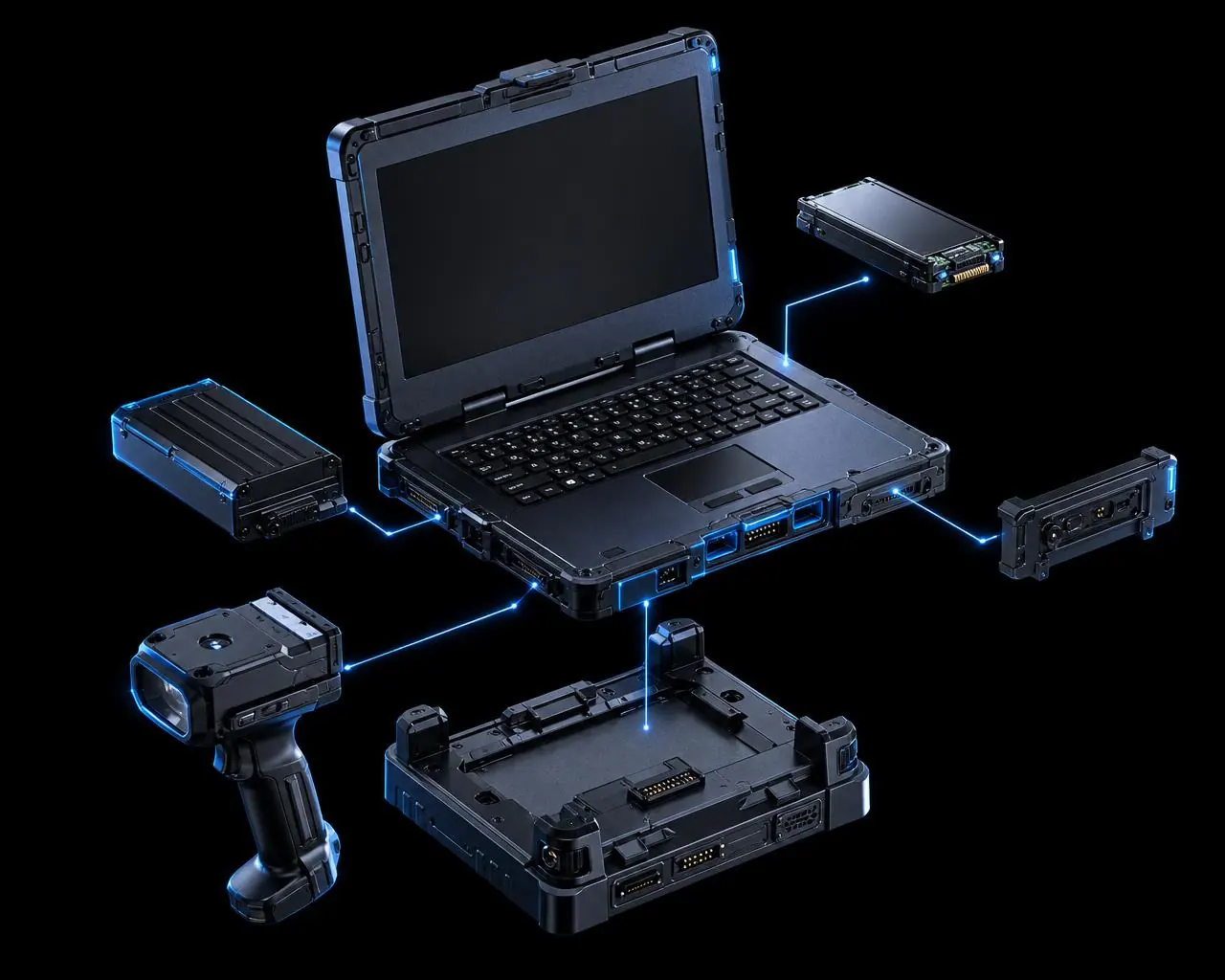 Rugged Notebook mit modularen Komponenten (SSD, Akku, Port-Modul, Barcode-Scanner, Docking)