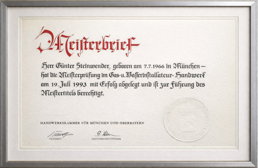 Meisterbrief Sanitär Steinwender