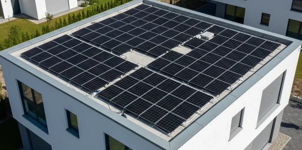 PV-Module auf dem Flachdach eines modernen Gebäudes