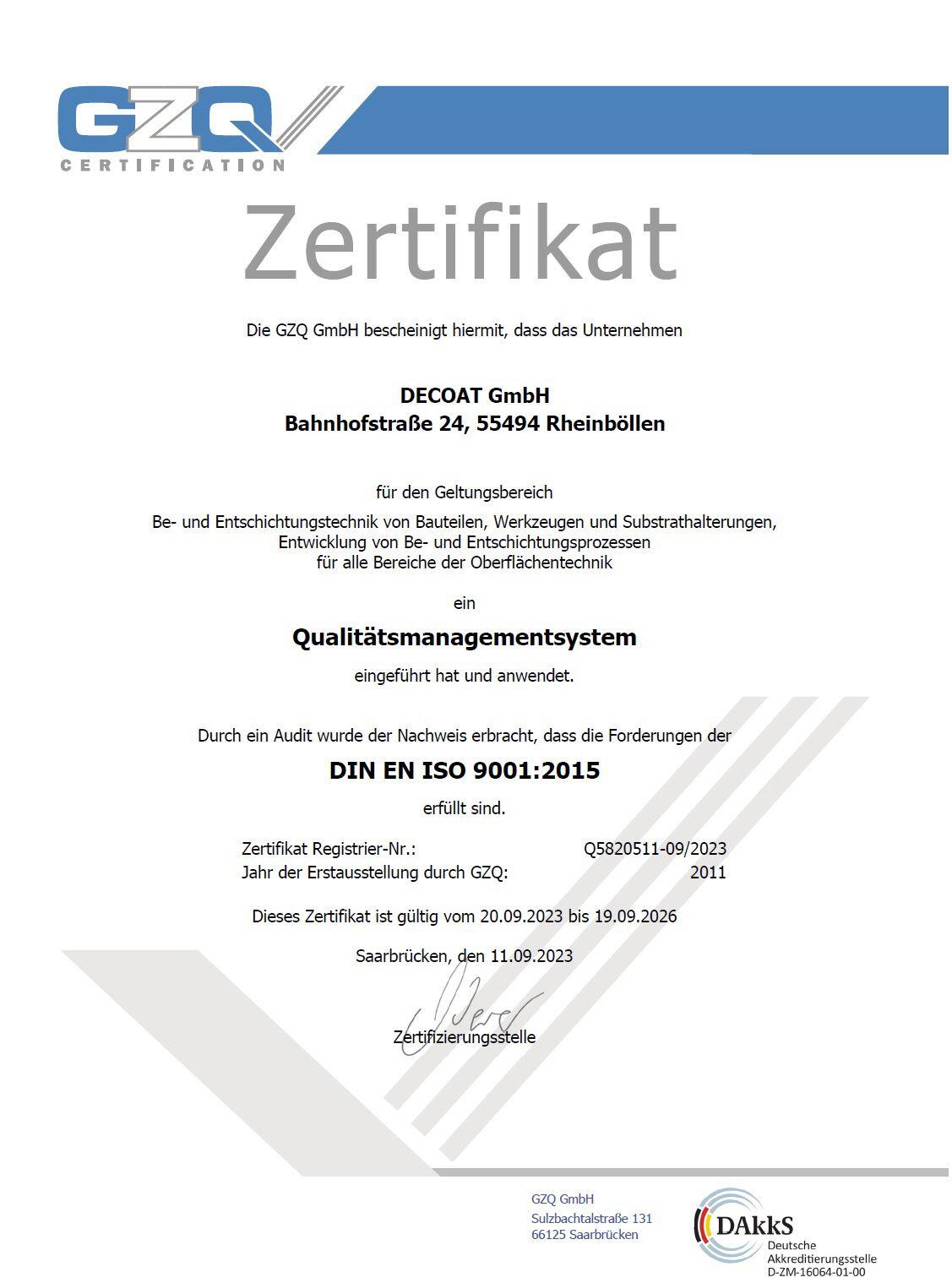 Zertifikat DECOAT PVD DLC