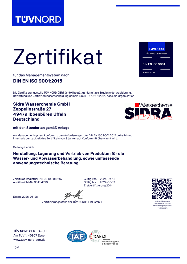 Zertifikat ISO 9001:2015 SIDRA Ibbenbüren