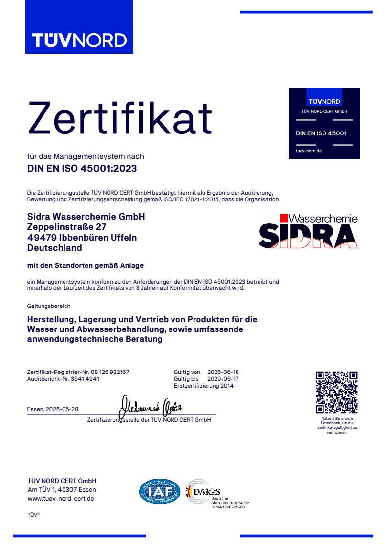 Zertifikat ISO 45001:2023 SIDRA Ibbenbüren