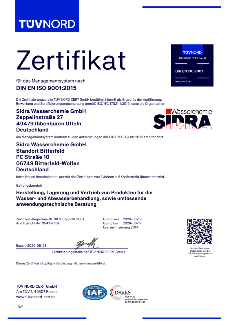 Zertifikat ISO 9001:2015 SIDRA Bitterfeld