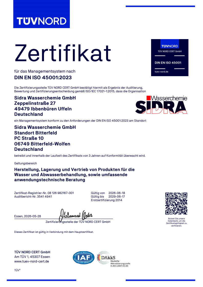 Zertifikat ISO 45001:2023 SIDRA Bitterfeld
