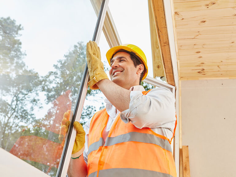 Montagehilfe: Fenster wird eingebaut