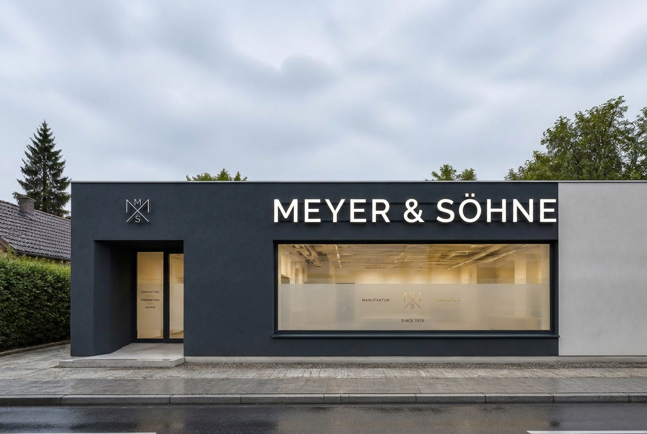 Gewerbefassade mit Leuchtschriftzug