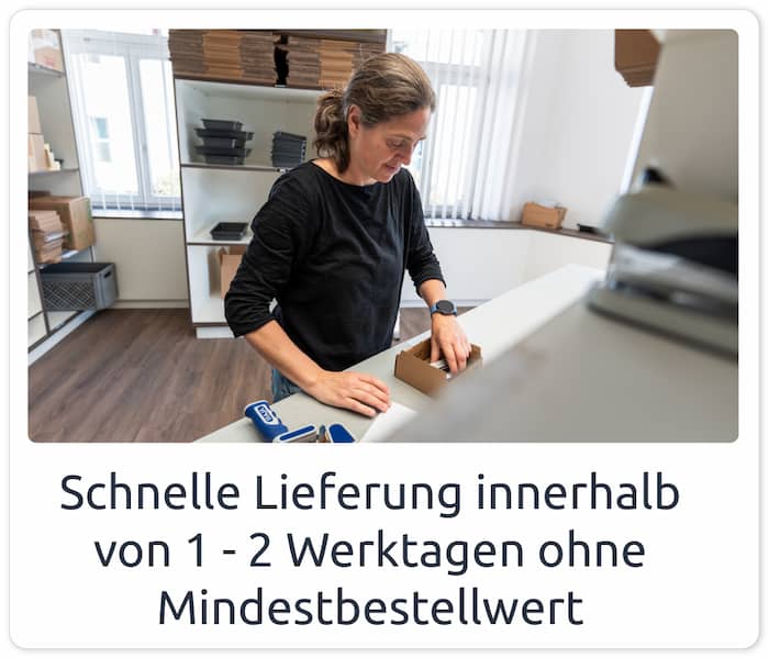 Lieferung innerhalb von 1–2 Werktagen ohne Mindestbestellwert
