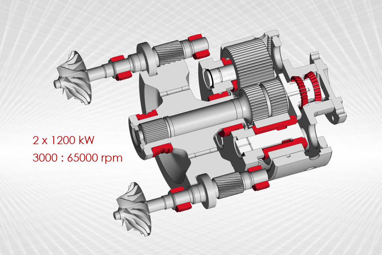 Integral gear 2 x 1200 kW at 65,000 rpm