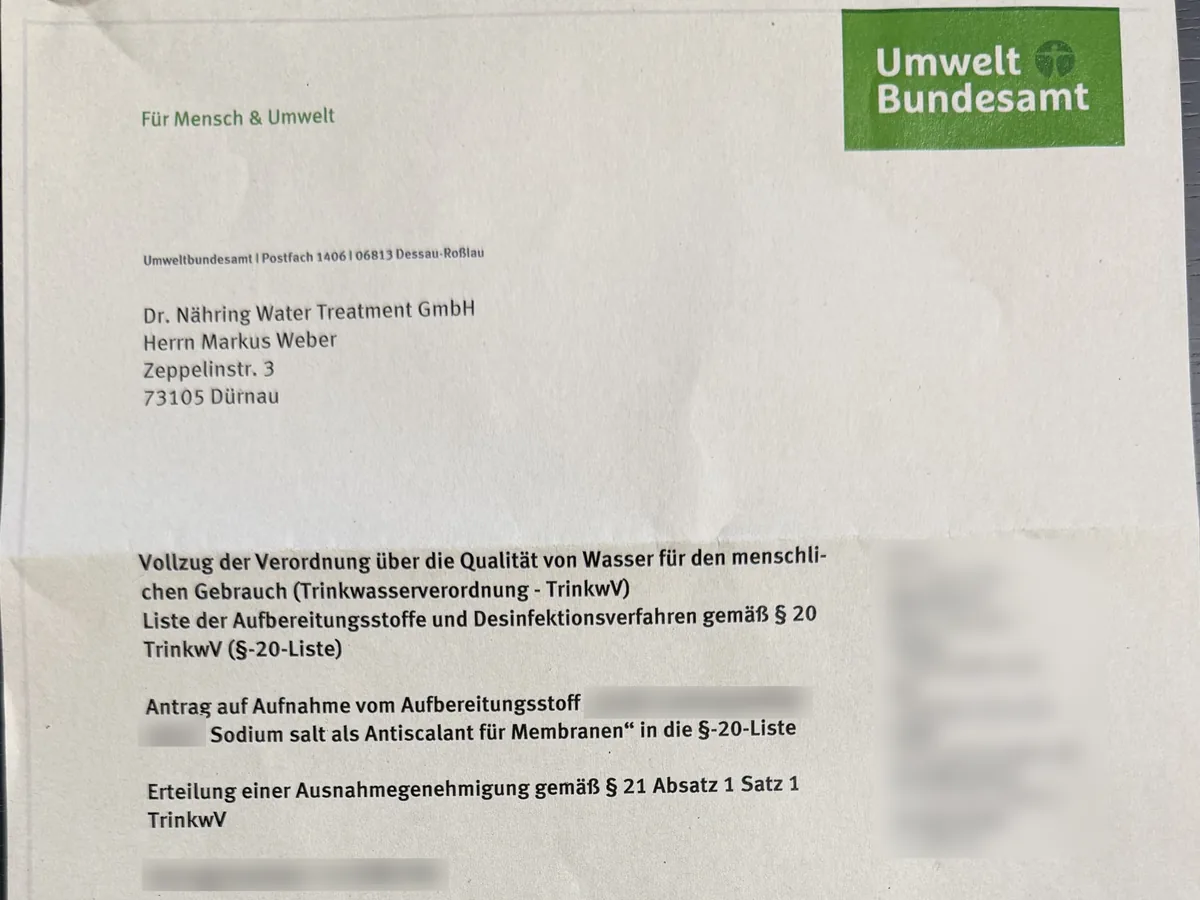 Schreiben des Umweltbundesamts zur Liste nach § 20 Trinkwasserverordnung
