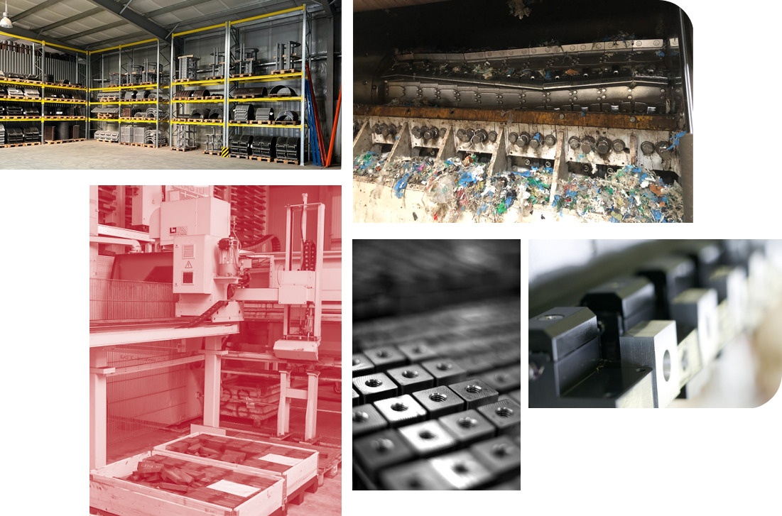 Collage technischer Ansichten aus Produktion und Produkten