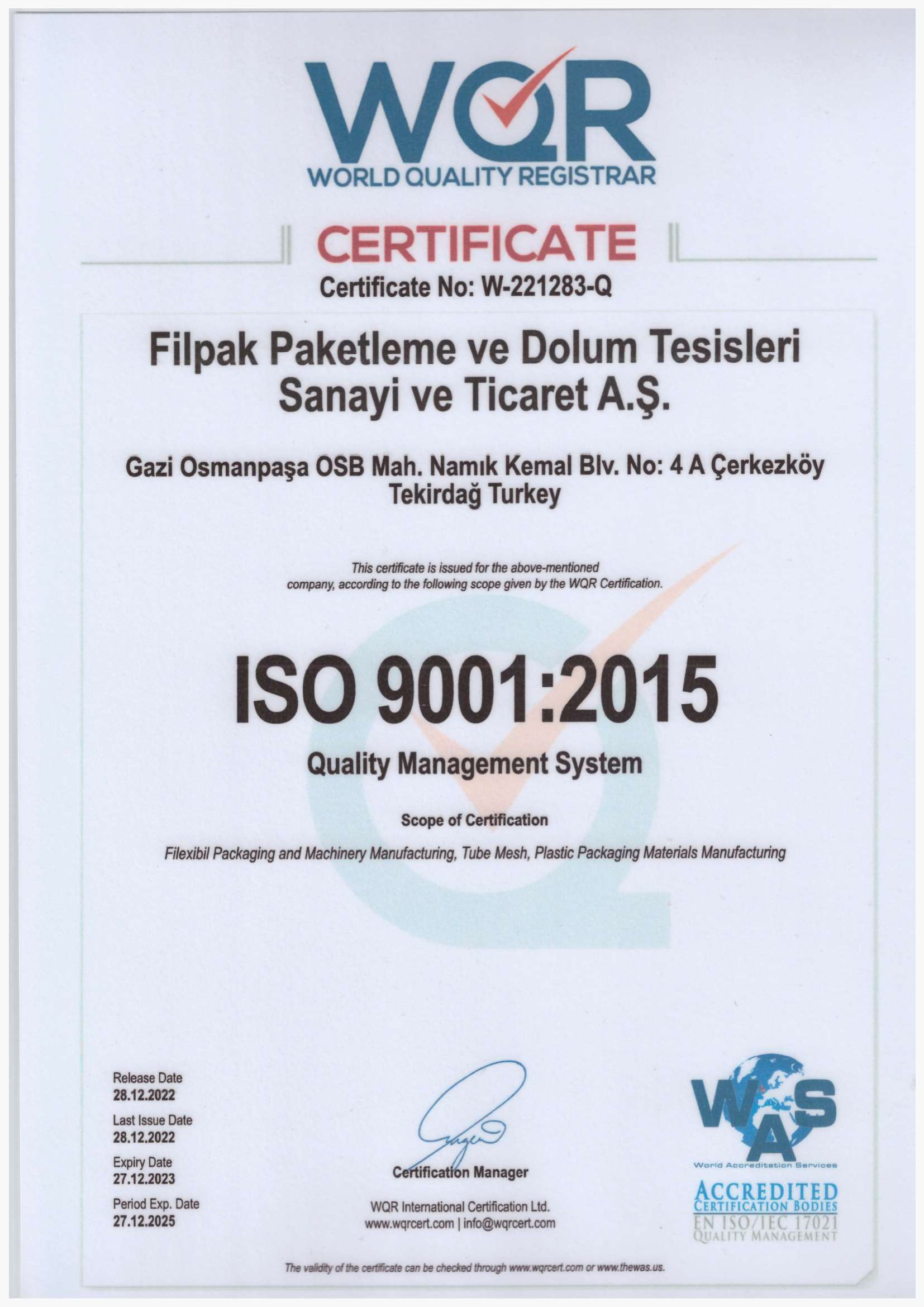 Zertifikate Filpak (ISO 22000, ISO 9001, ISO 10002)