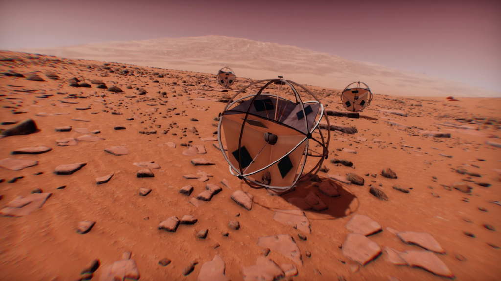 Rendering von drei Tumbleweed Mars Rovern auf der Marsoberfläche