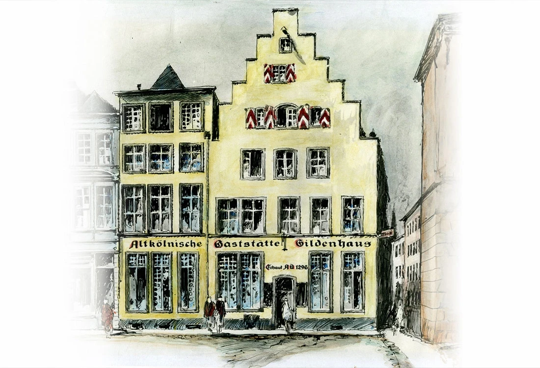 Zeichnung des Gildenhauses in einer historischen Straßenszene