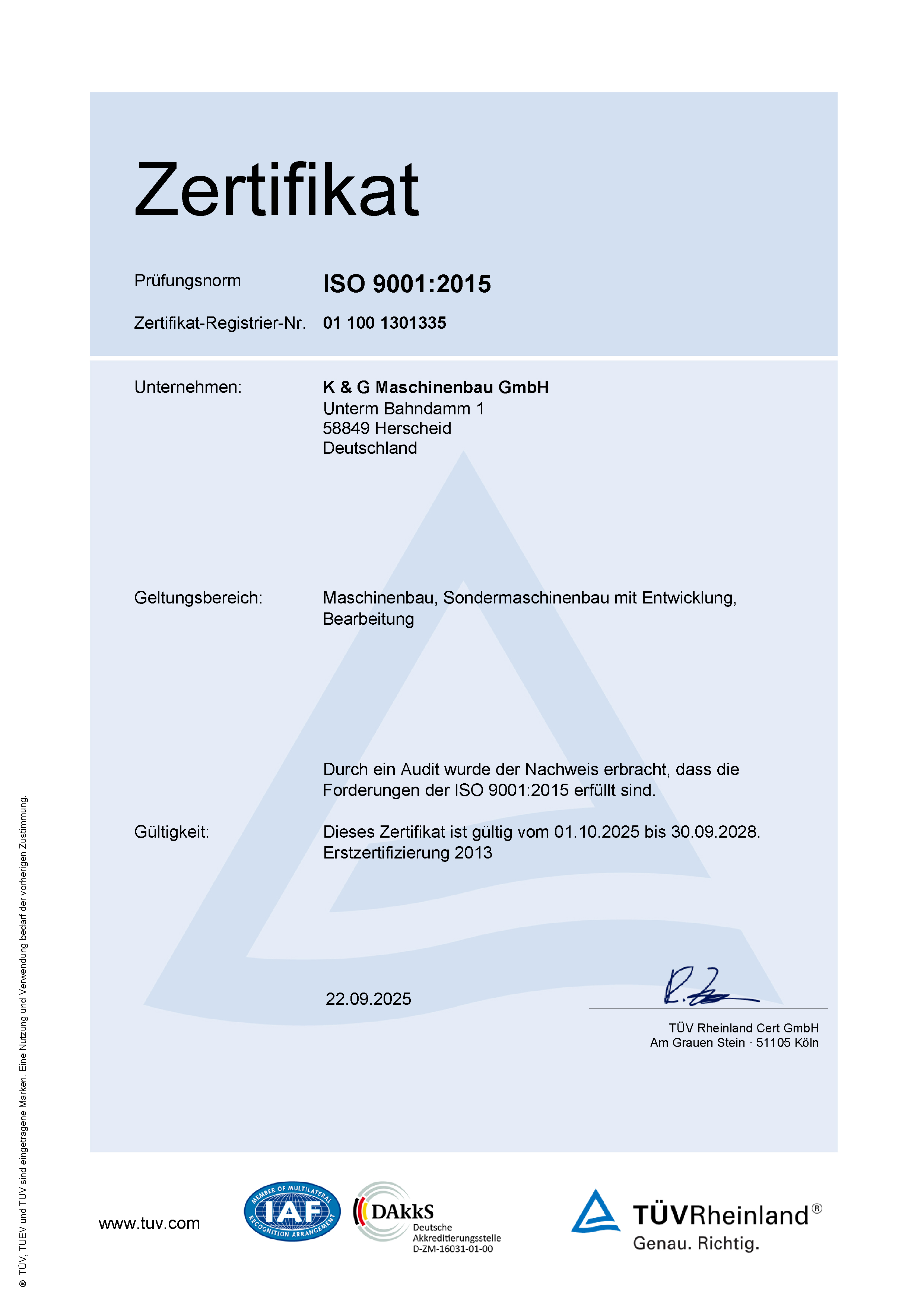 ISO 9001:2015 Zertifikat TÜV Rheinland