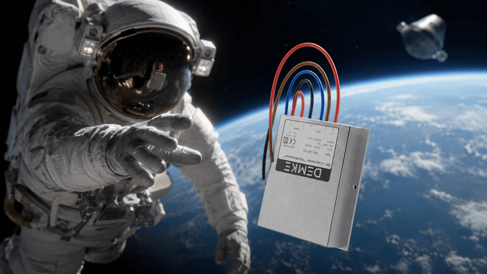 Astronaut mit Demke DC/DC-Wandler im Weltraum