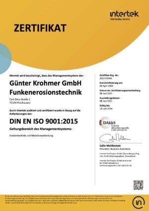 ISO-9001-Zertifikat der Günter Krohmer GmbH