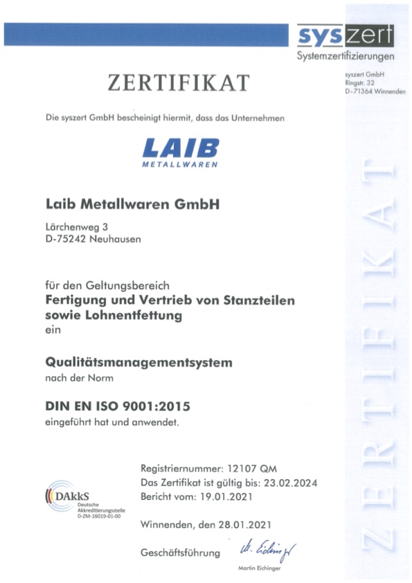 Zertifikat DIN EN ISO 9001:2015 (gültig 2021–2024)