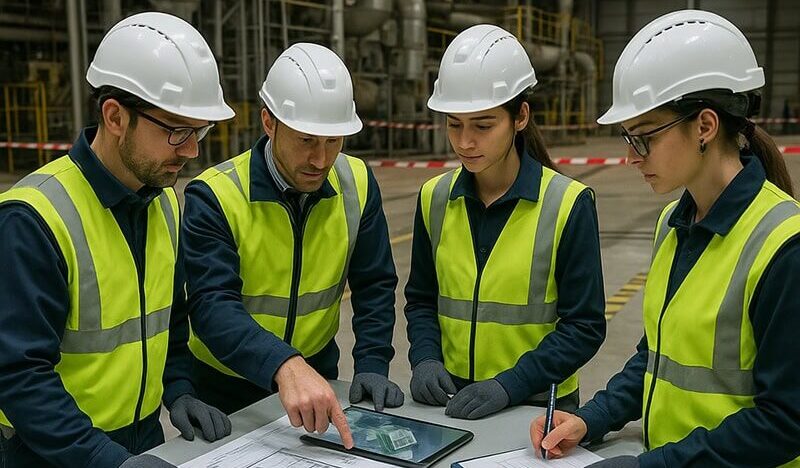 Ingenieure besprechen einen Anlagenplan in der Werkshalle
