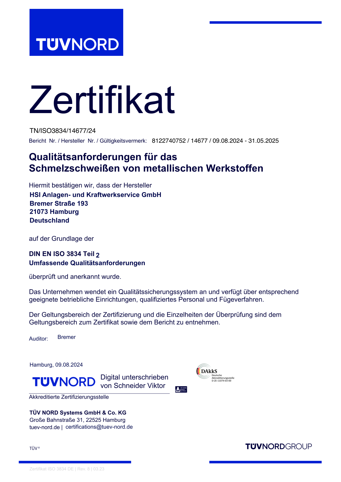TÜV-Nord-Zertifikat Schmelzschweißen von metallischen Stoffen