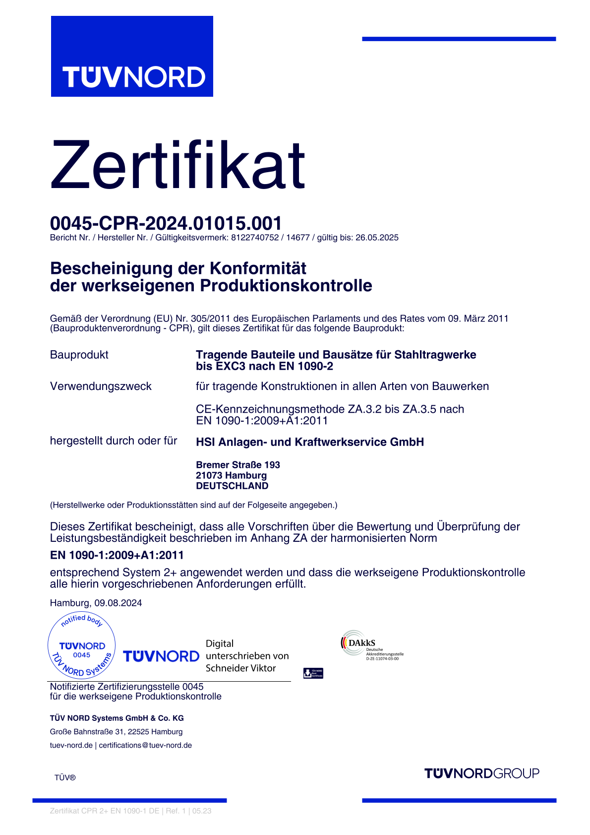 TÜV-Nord-Zertifikat tragende Konstruktionen