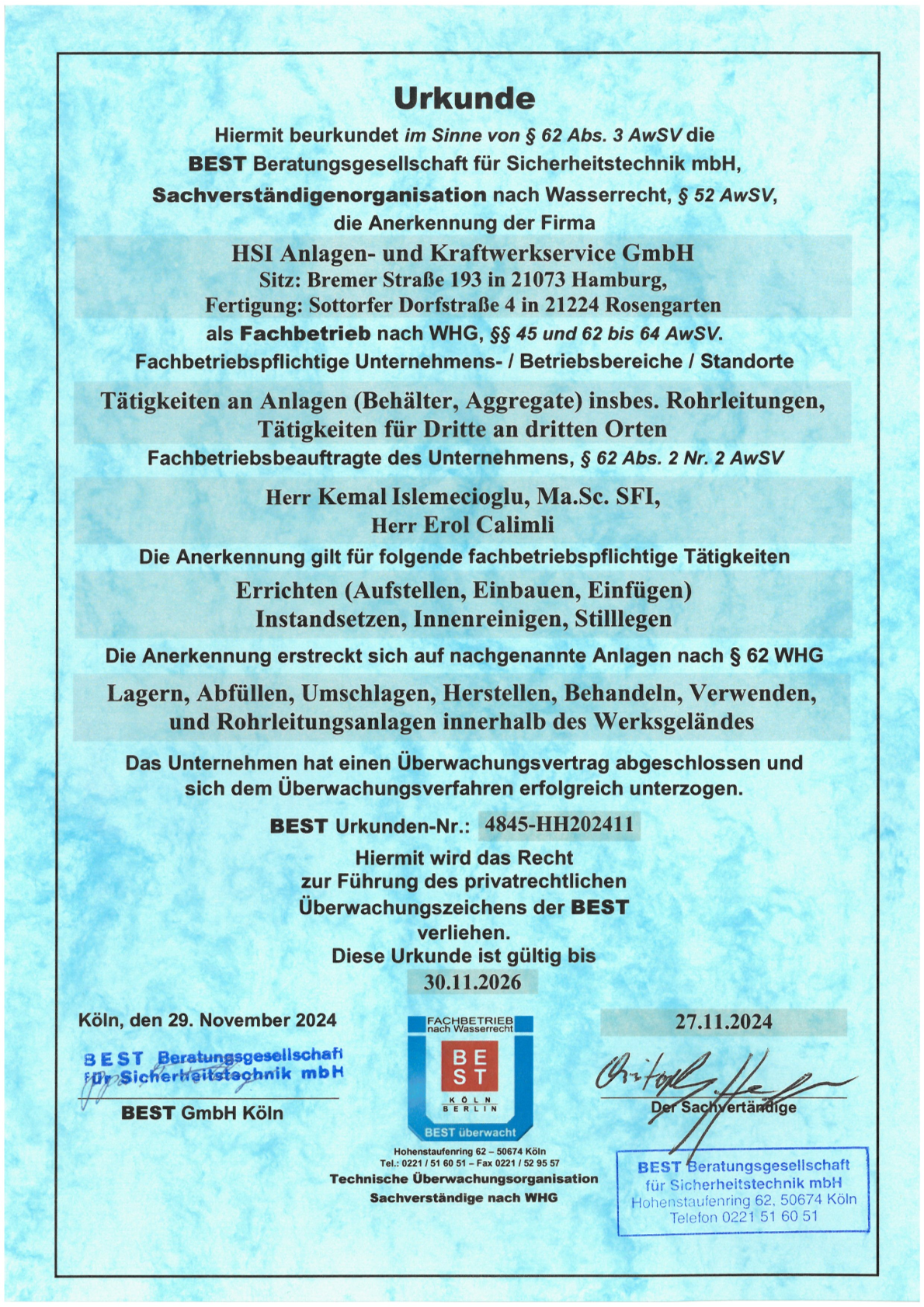 Urkunde BEST Fachbetrieb nach WHG §§45 und 62 bis 64 AwSV