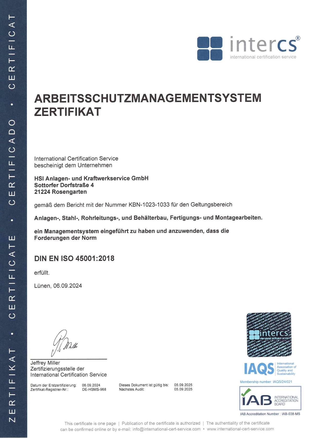Zertifikat Arbeitsschutzmanagementsystem