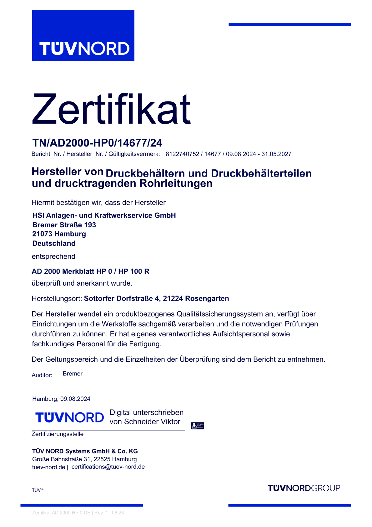 TÜV-Nord-Zertifikat Druckbehälter und drucktragende Rohrleitungen