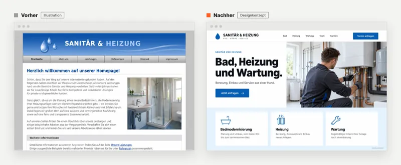 Illustration eines Website-Relaunchs: vorher und nachher