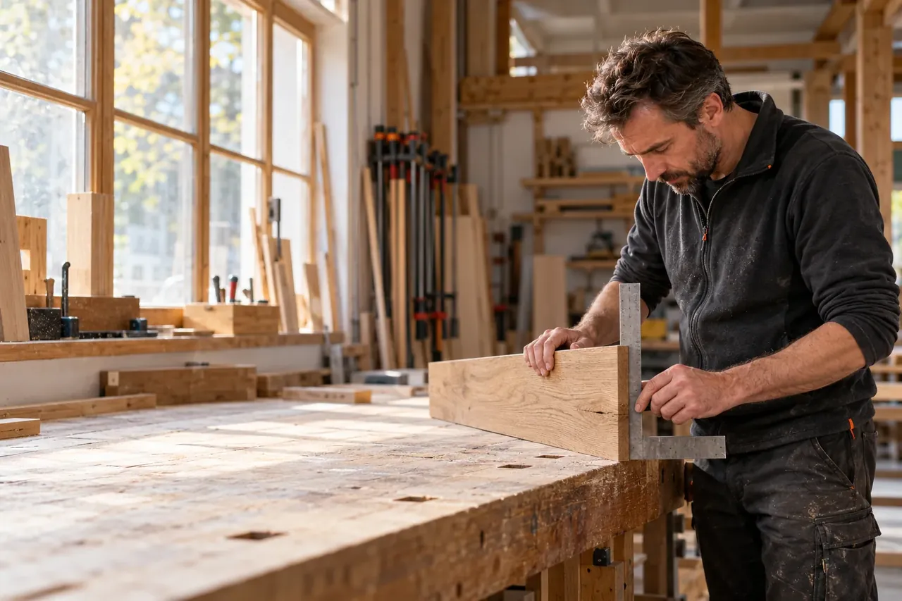 Tischler prüft in seiner Werkstatt die Kante eines Holzbretts