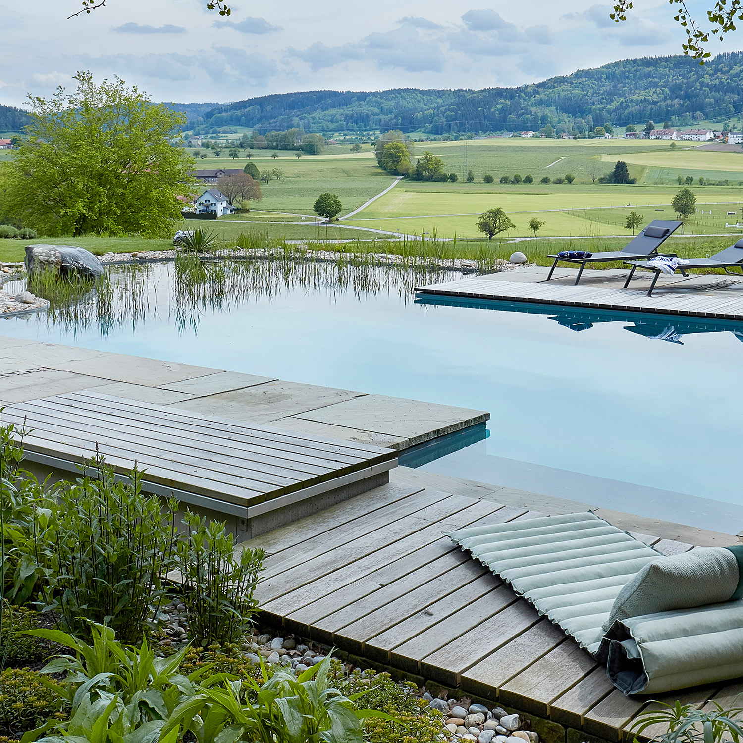 Biopool mit Blick auf Schweizer Landschaft