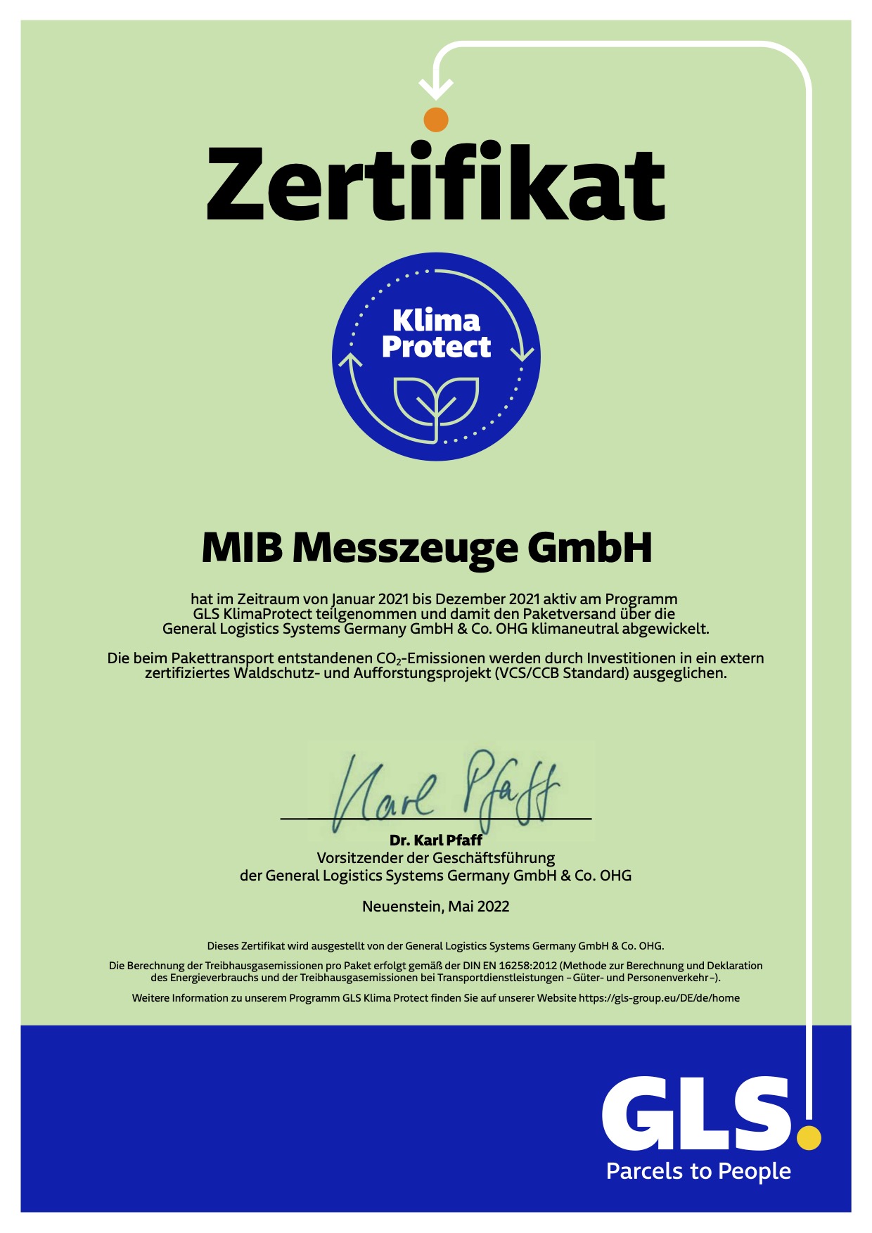 GLS KlimaProtect certificate