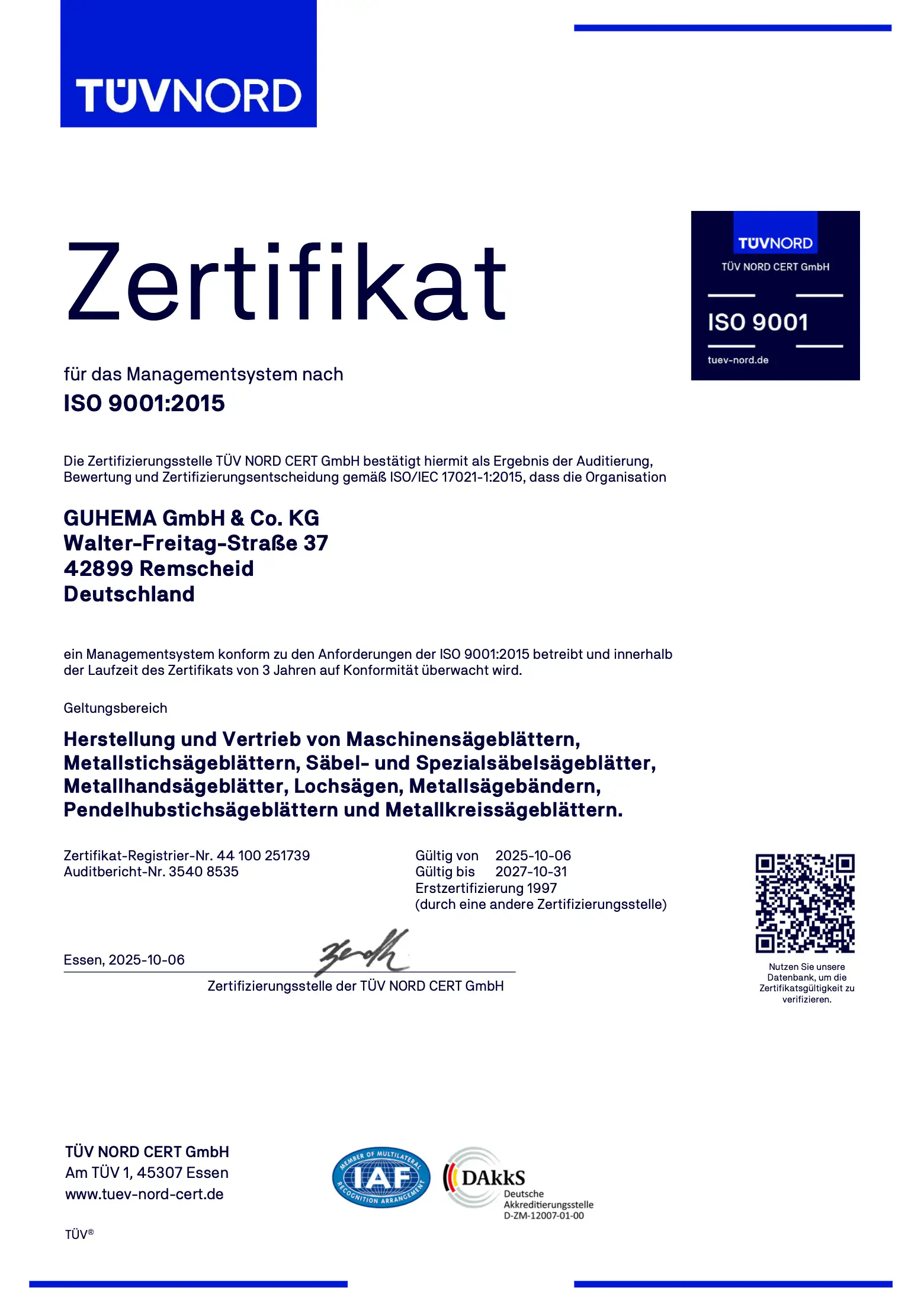 ISO 9001:2015-Zertifikat (TÜV NORD)