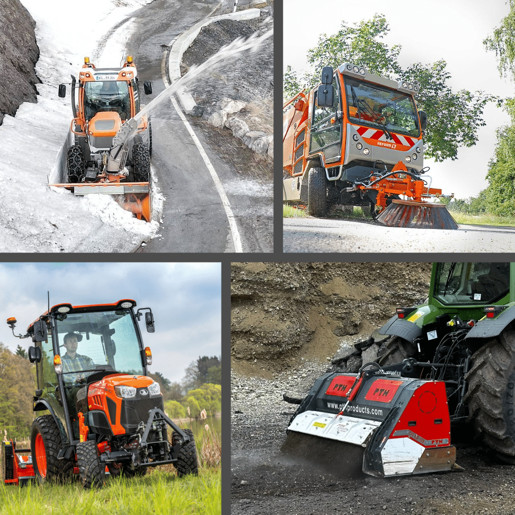 Kommunaltechnik: Schneepflug, Traktor und Straßenkehrmaschine