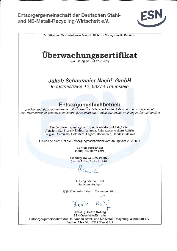 ESN-Überwachungszertifikat Entsorgungsfachbetrieb