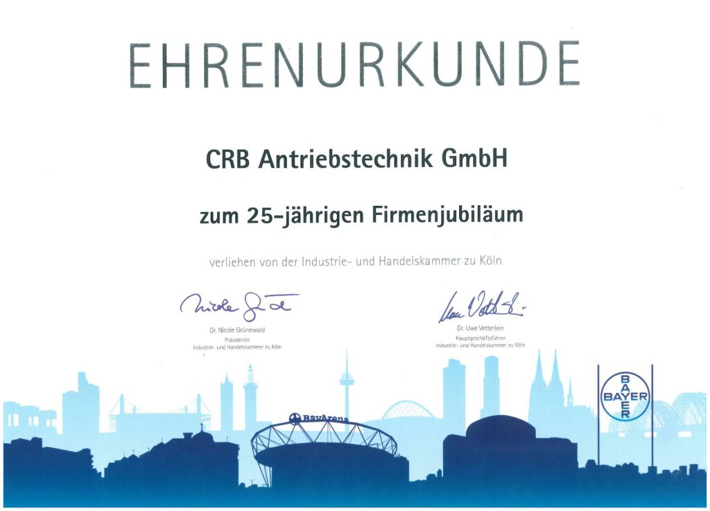 Ehrenurkunde der IHK zu Köln zum 25-jährigen Jubiläum