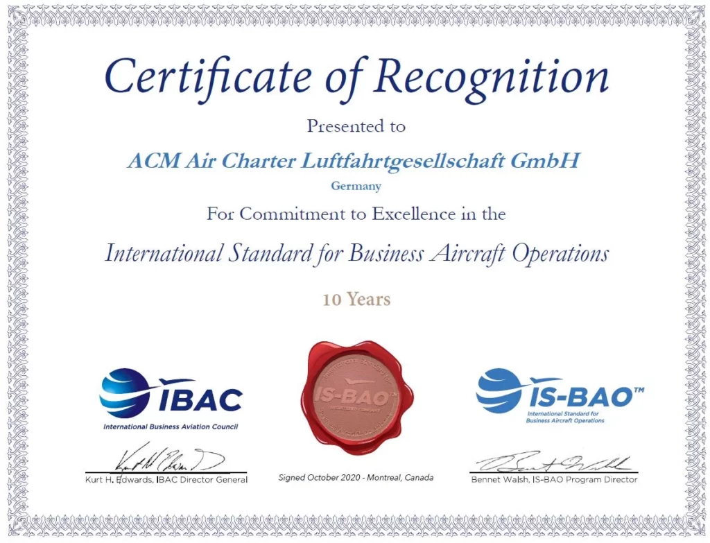 ACM AIR CHARTER fliegt seit 10 Jahren mit dem IS-BAO Qualitätssiegel