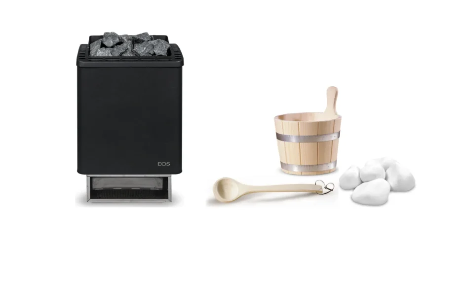 EOS sauna heater, bucket with ladle and sauna stones
