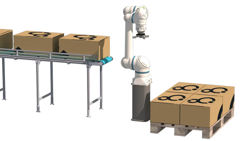 3D-Visualisierung eines Roboters beim Palettieren von Kartons