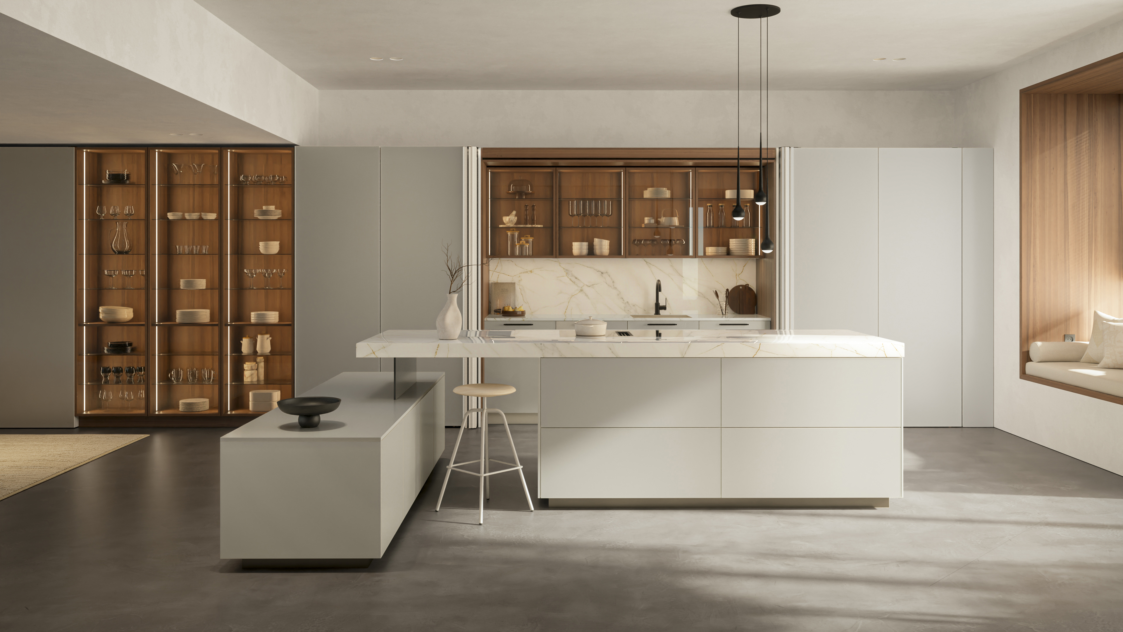 Küche „Systema“ in AV 5015 Sand Beige und AV 1091 Natural Walnut