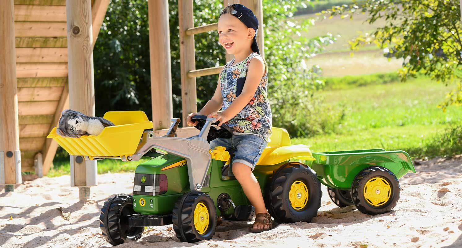 Pedaltraktor John Deere mit Anhänger und Frontlader