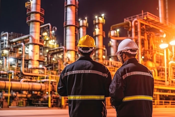 Ingenieure im Außendienst vor Industrieanlage