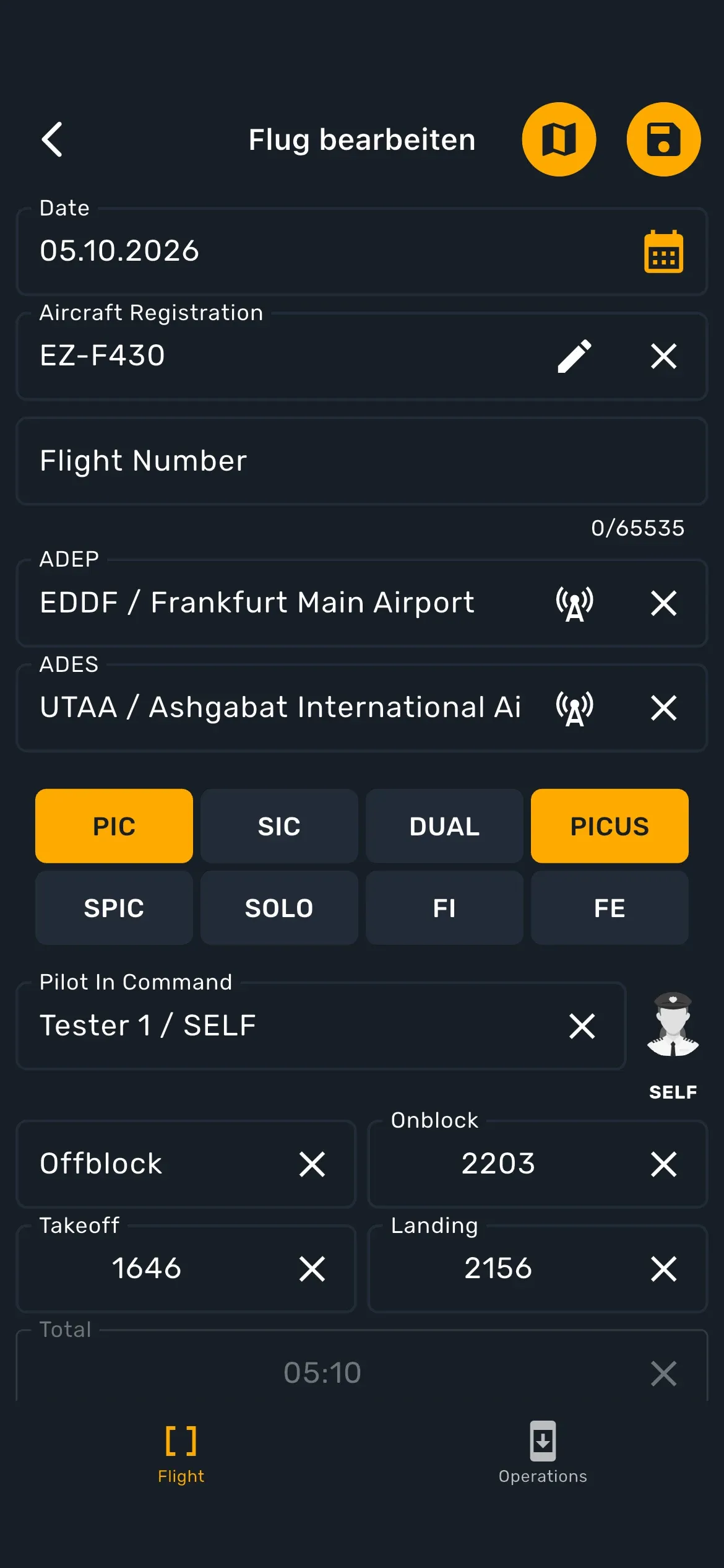 Flugerfassung in der iPhone-App